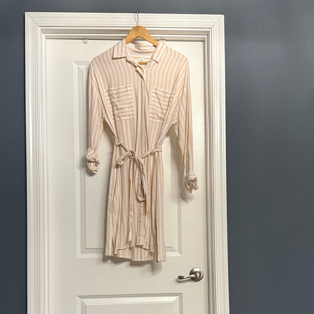 GAP Beige and White Striped Shirt Dress